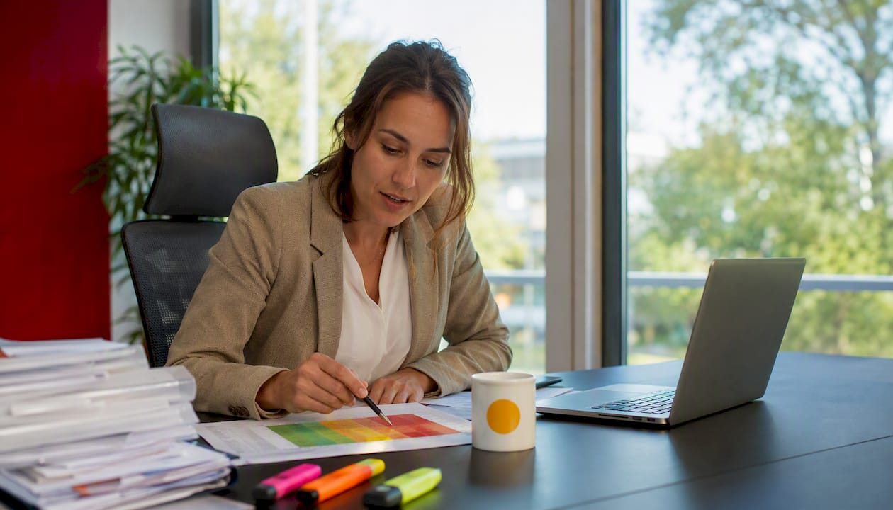 Verschillende handen wijzen naar een risicomatrix op tafel