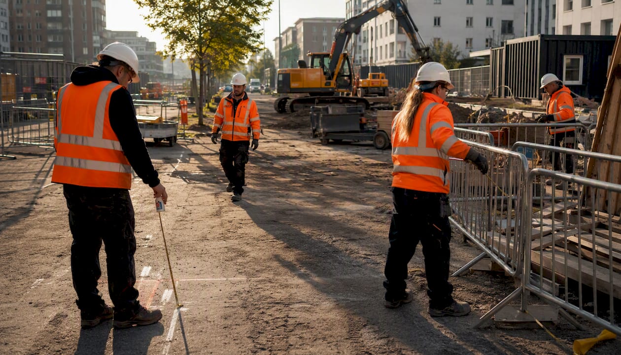 Van bovenaf zie je hoe het bouwterrein strak en overzichtelijk is ingericht.