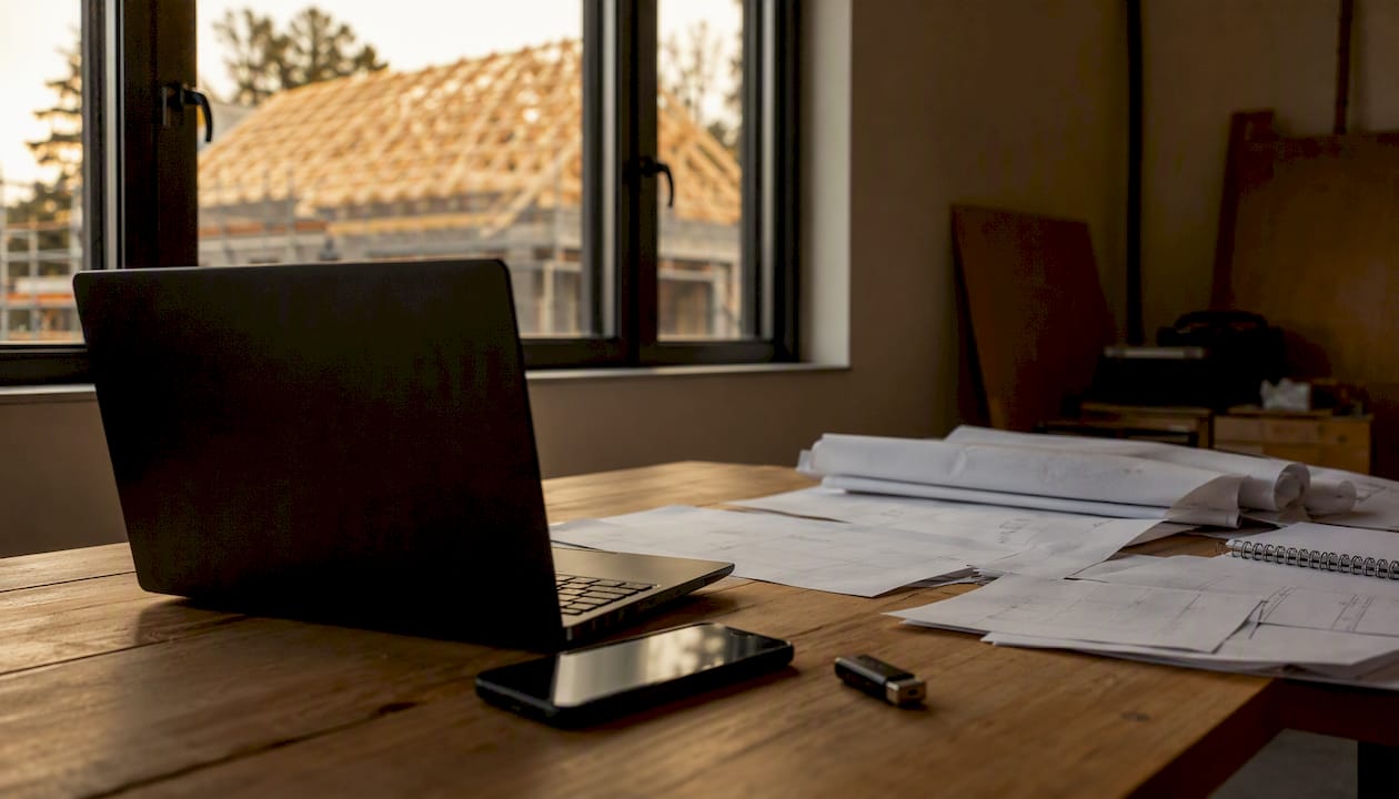 Bureau vol aantekeningen over het project, met op de achtergrond de dakrenovatie.