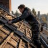 Een dakdekker is bezig dakpannen recht te leggen op een huis dat wordt gerenoveerd.