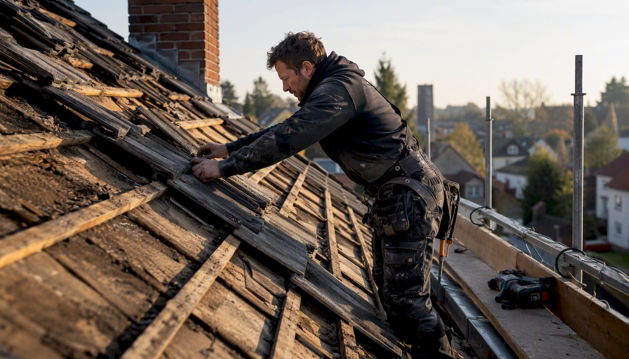 Een dakdekker is bezig dakpannen recht te leggen op een huis dat wordt gerenoveerd.