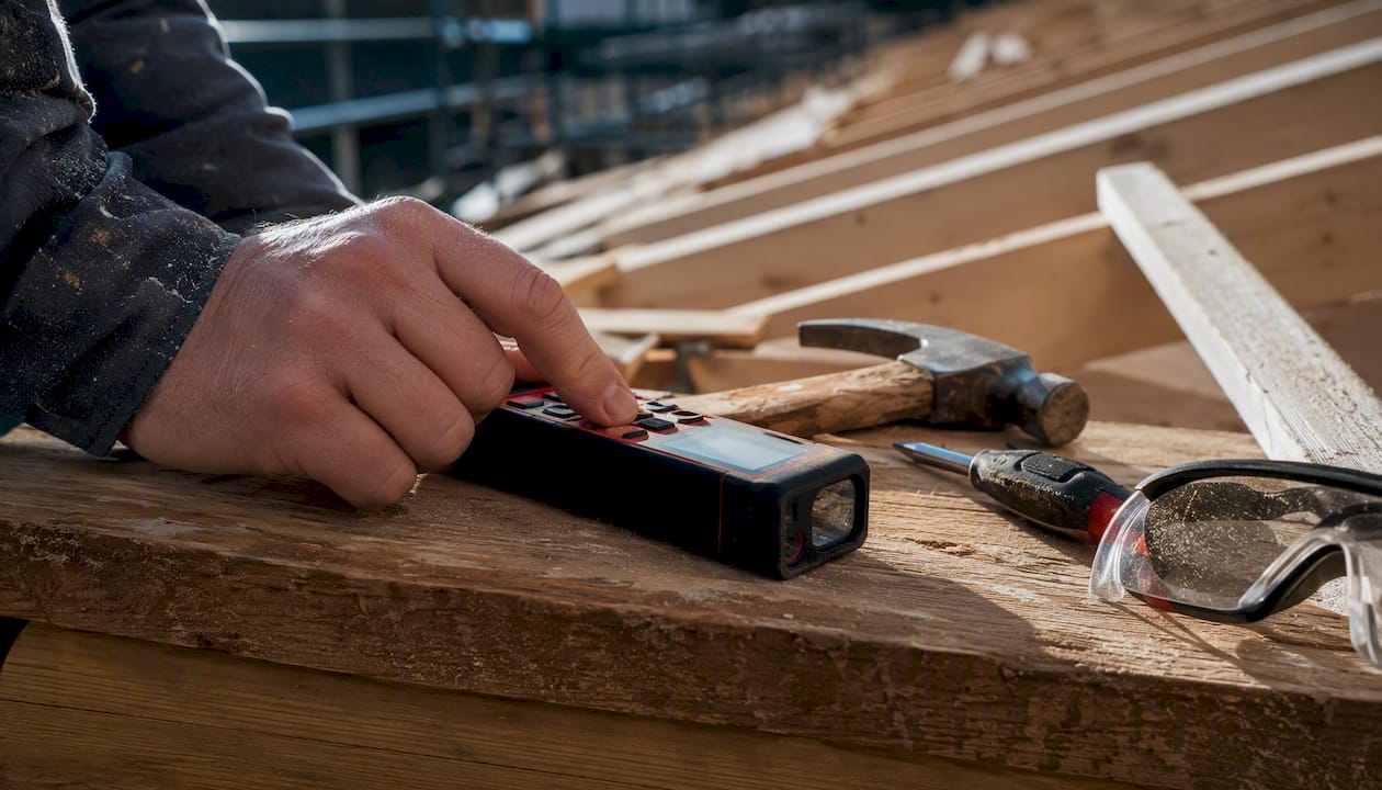 Met een laserafstandsmeter nauwkeurig het dakgeraamte opmeten.