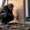 Een bouwkundig inspecteur bekijkt een scheur in de funderingsmuur om te beoordelen wat er aan de hand is.