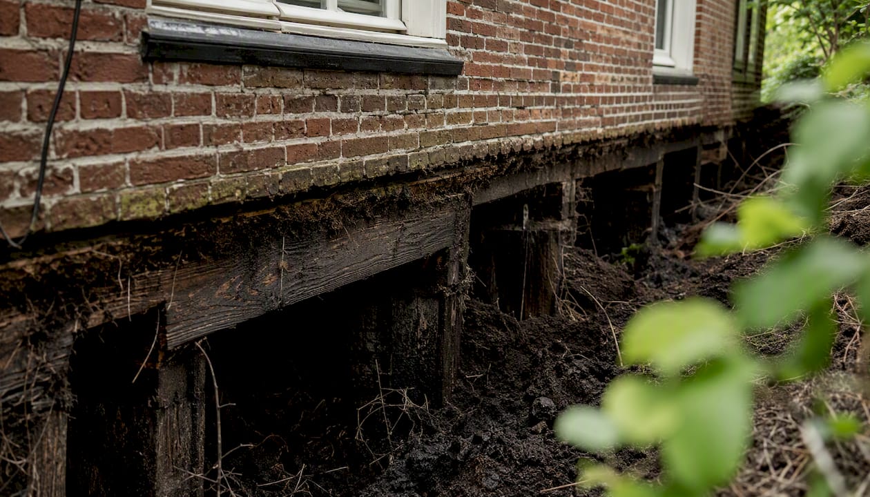 Veel oudere huizen in Nederland rusten nog op houten palen als fundering.