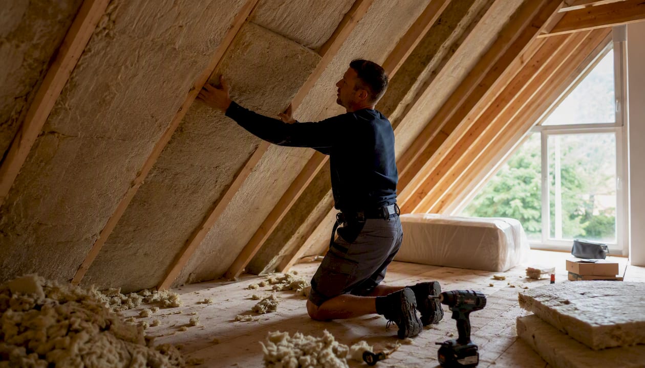 Een installateur brengt isolatiemateriaal aan op zolder.
