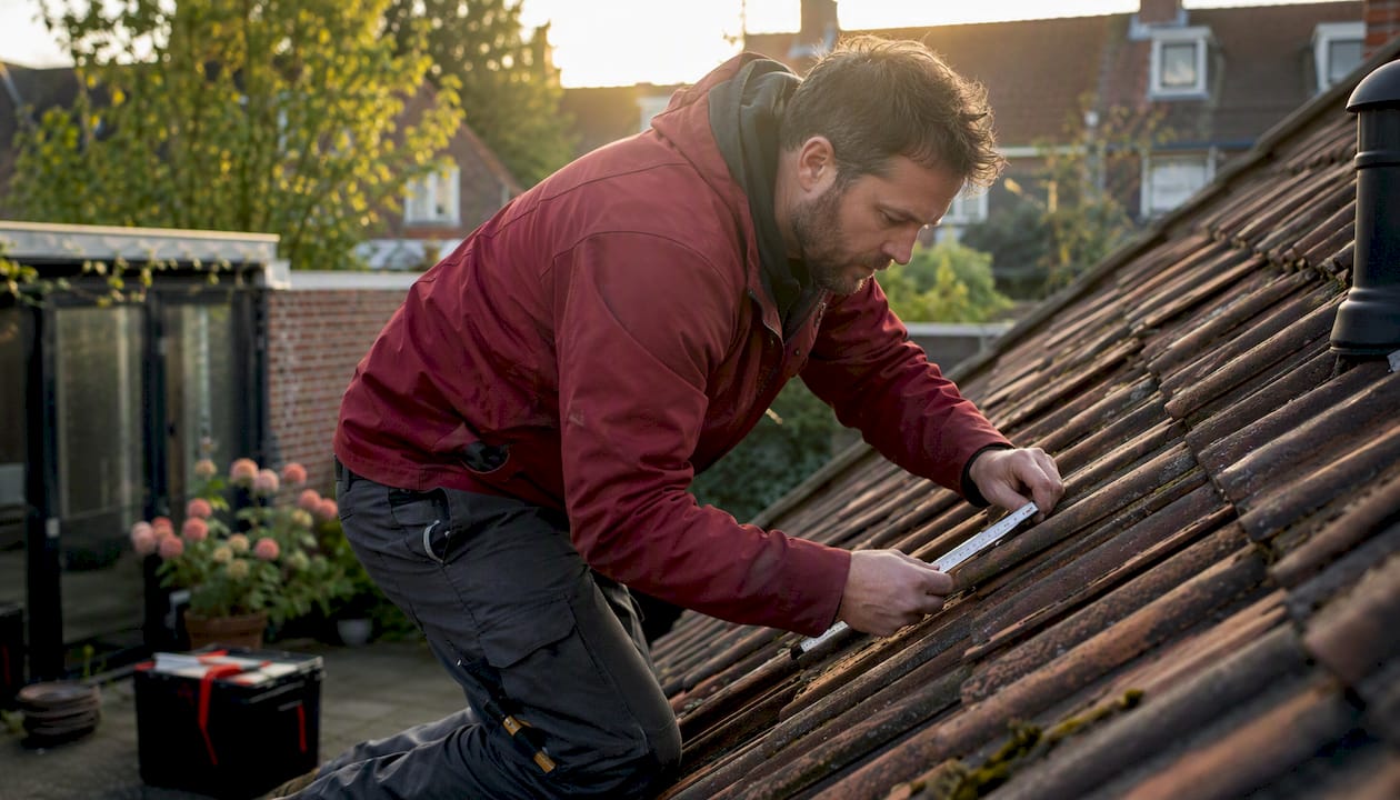 Een aannemer controleert de dakpannen van een woning op eventuele schade.