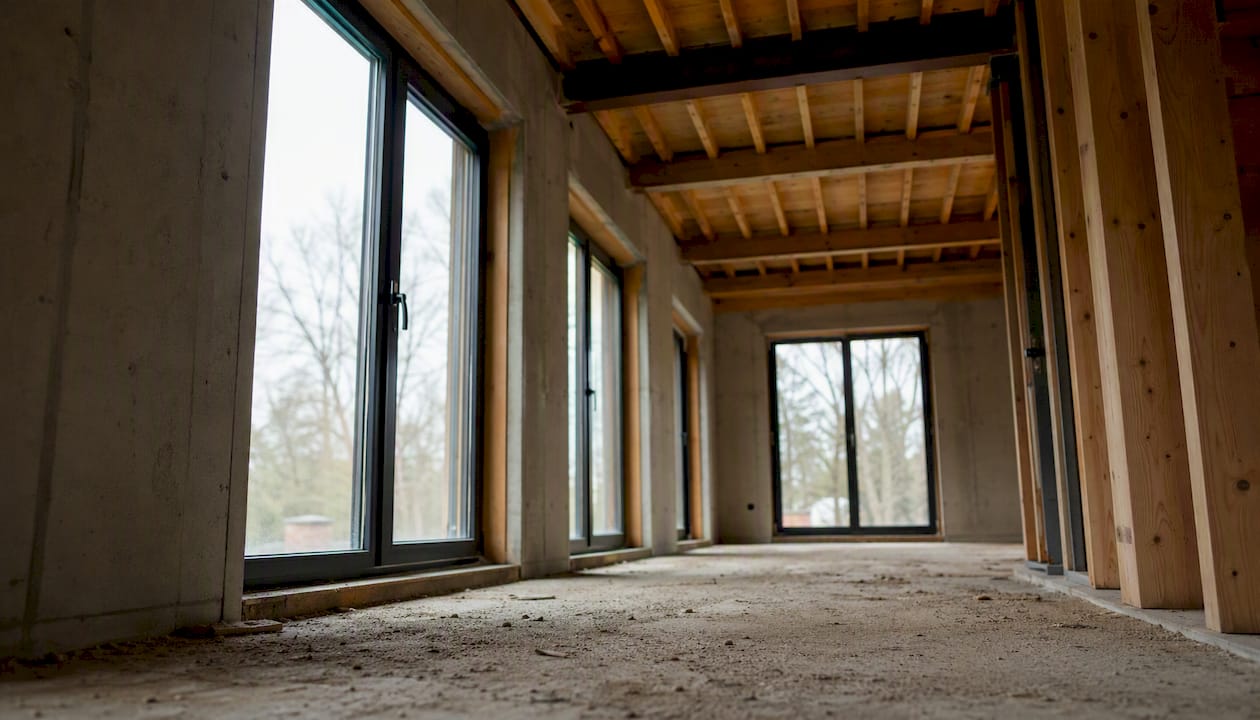Een nieuwbouwwoning die helemaal leeg is, met een casco dat wind- en waterdicht is opgeleverd.