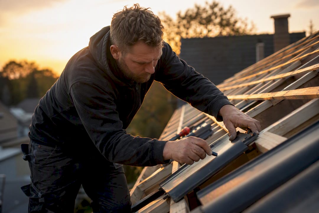 Een dakdekker is bezig dakpannen stevig vast te leggen op de uitbouw van een woning.