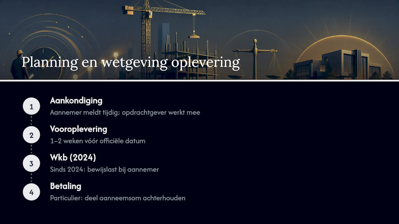 Wanneer plant u de oplevering en welke wetgeving speelt mee? — overview diagram