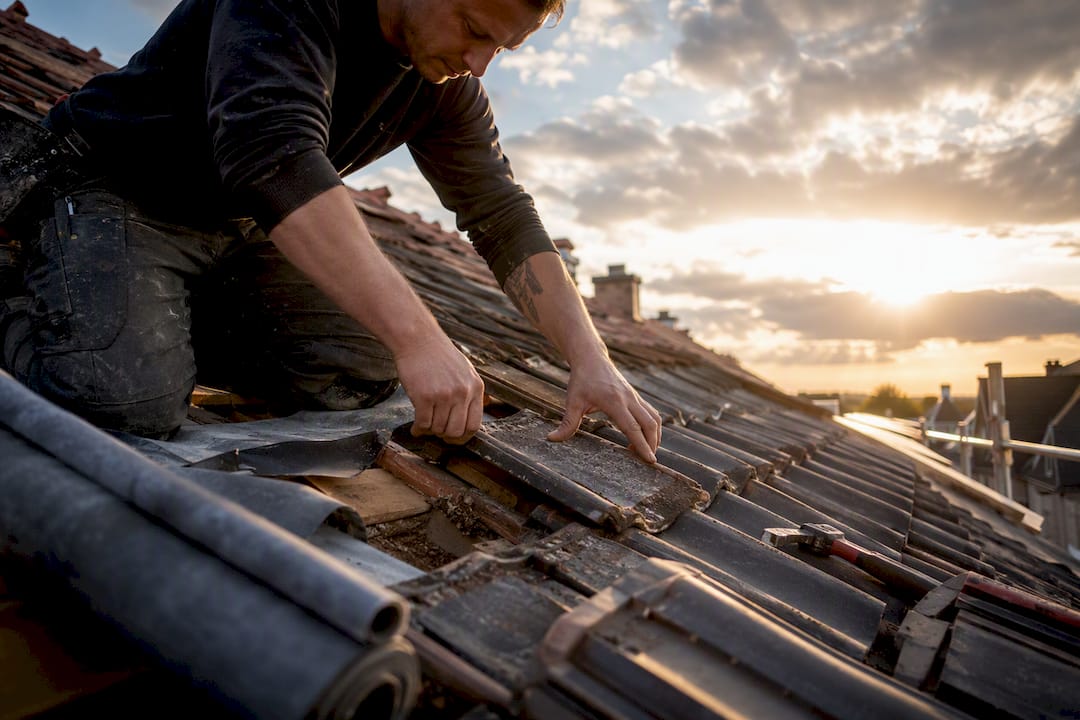 Een dakdekker is bezig met het leggen van nieuwe dakpannen op een woning.