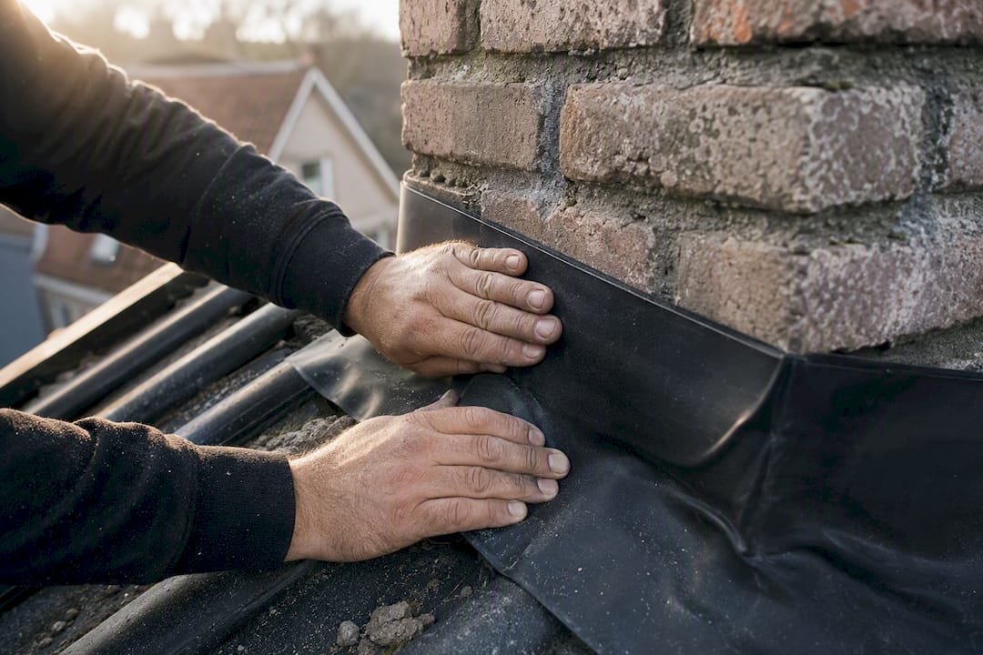 Handen die EPDM-afdichting rondom de schoorsteenrand bevestigen