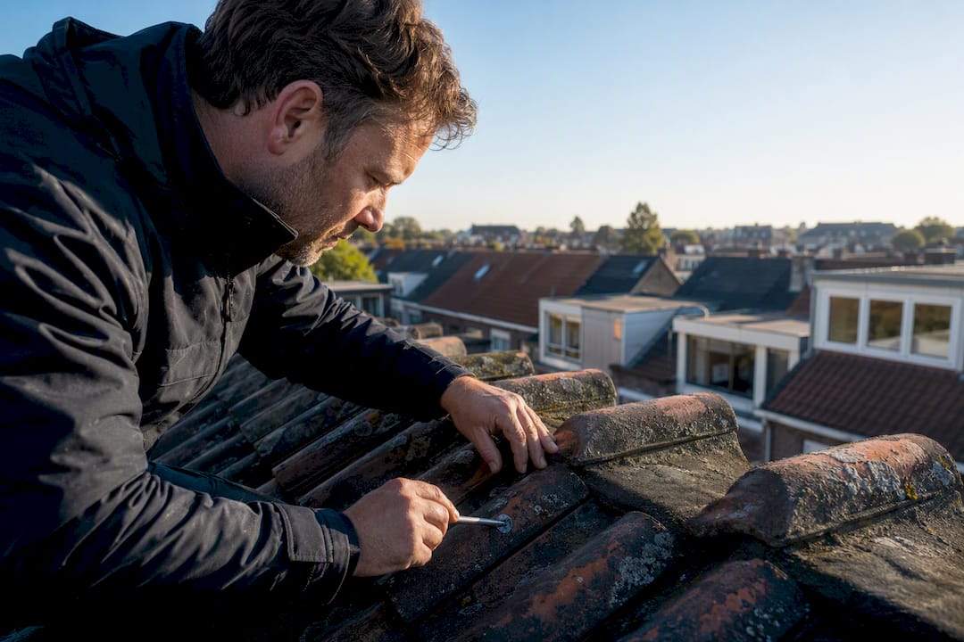 Handen controleren dakpannen van dichtbij