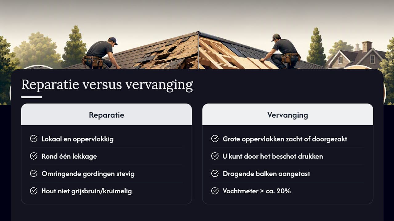 Keuze tussen repareren of het dakbeschot vervangen