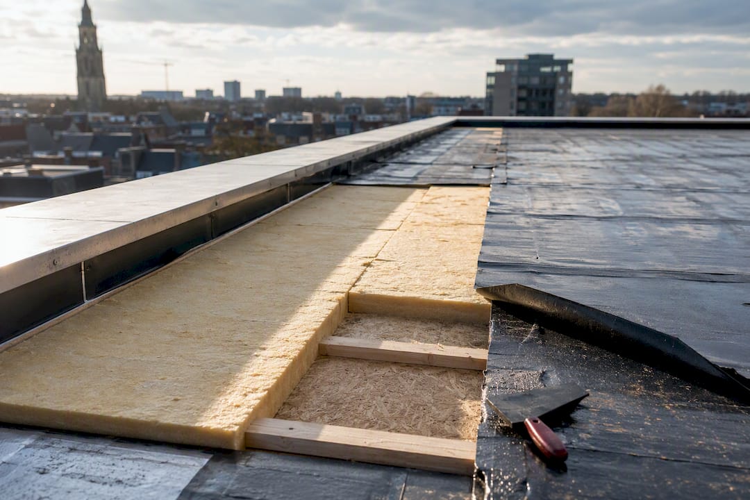 Open plat dak met zichtbare isolatielagen