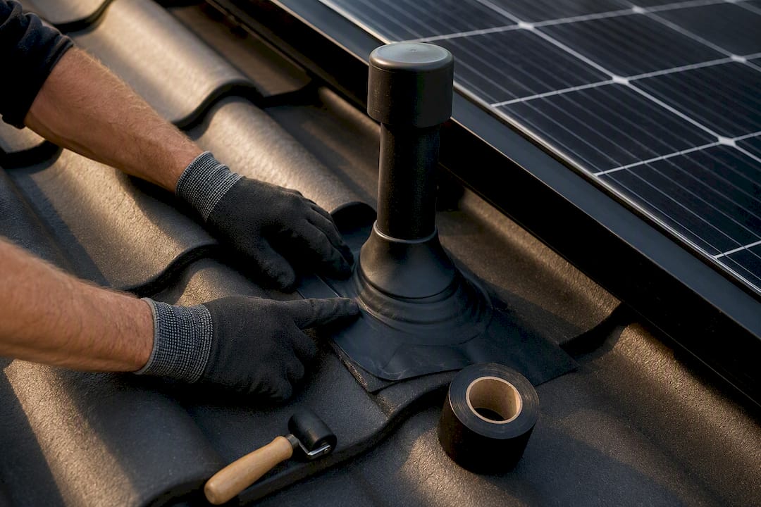 Waterdichte dakdoorvoer vlak naast de zonnepanelen