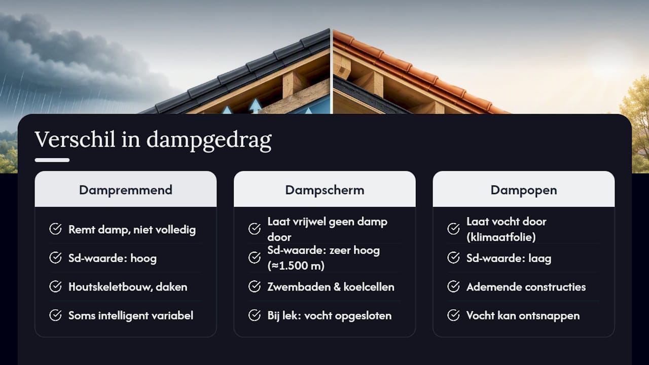 Wat is dampremmende folie en hoe verschilt die van een dampscherm of dampopen folie — overview diagram