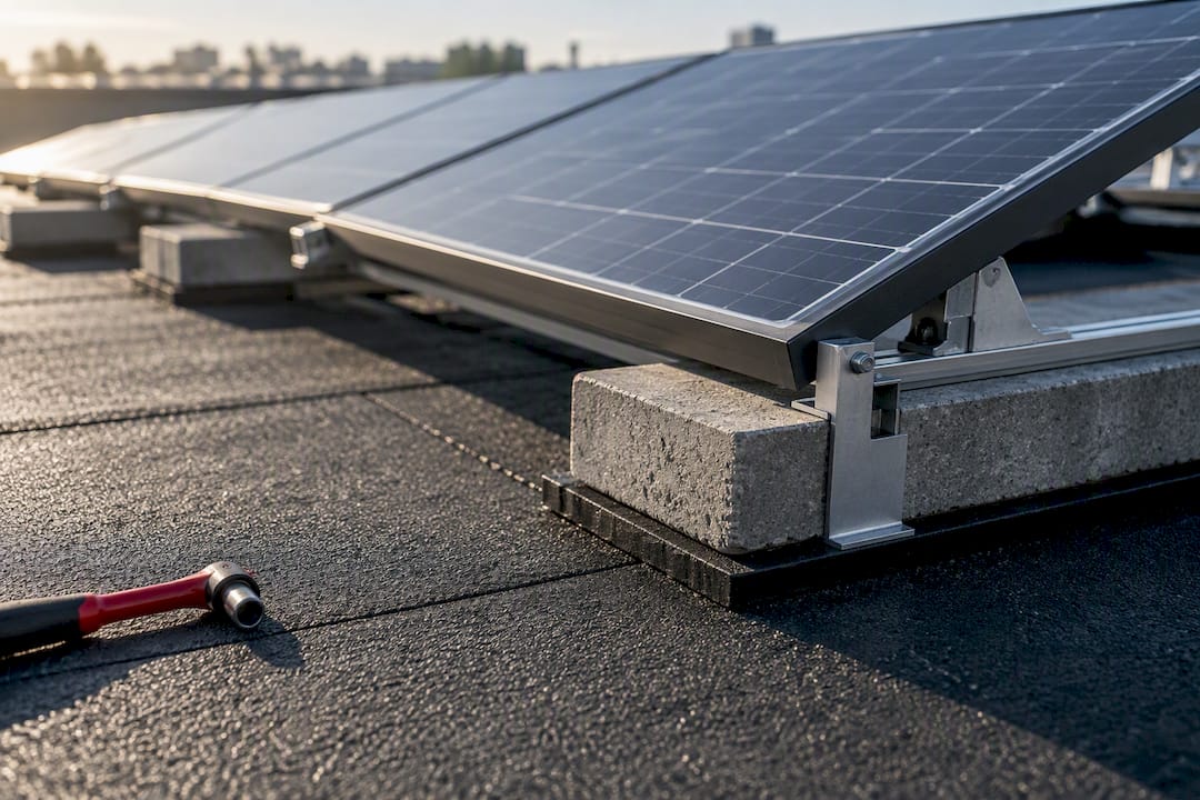 Zonnepanelen op een plat dak met bitumenbedekking