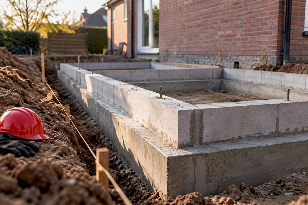 Betonnen fundering naast een bestaande woning