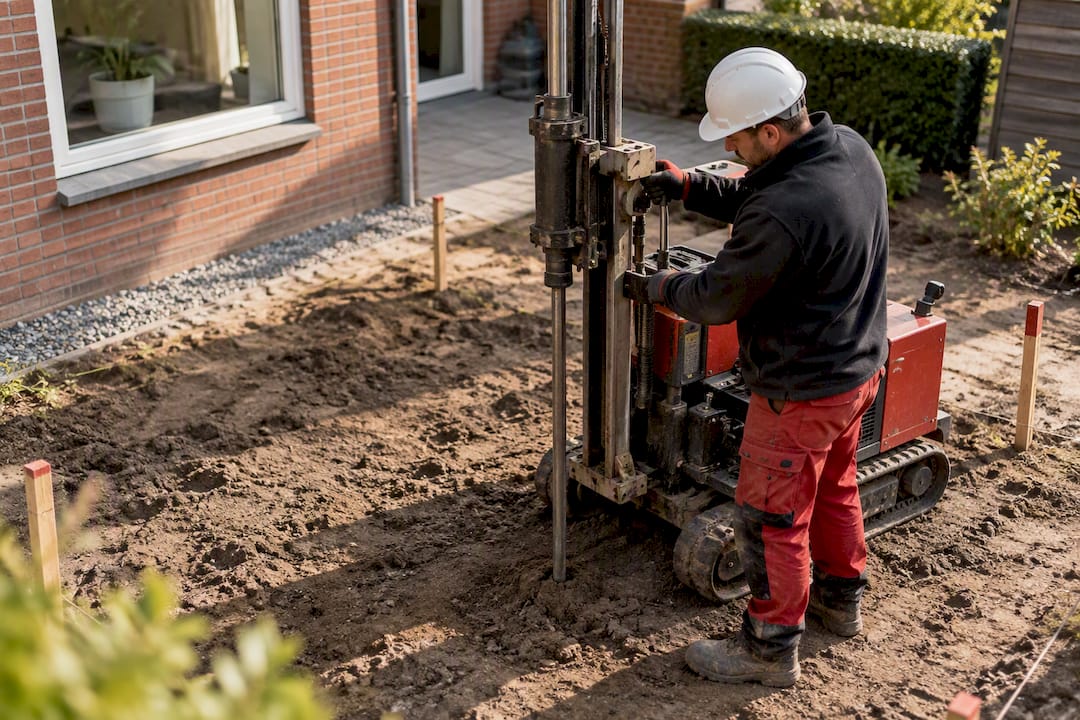 Sondering voor bodemonderzoek bij een aanbouw