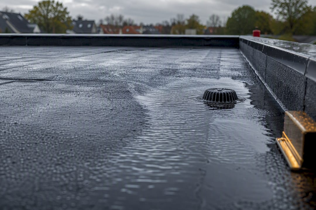 Waterophoping op het platte dak richting de afvoer