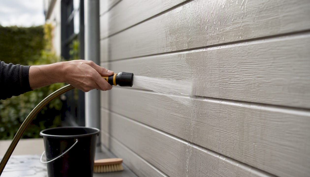 Gevelpanelen worden voorzichtig met water schoongemaakt