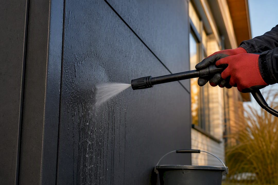Een vakman maakt de gevelplaat schoon met een zachte waterstraal