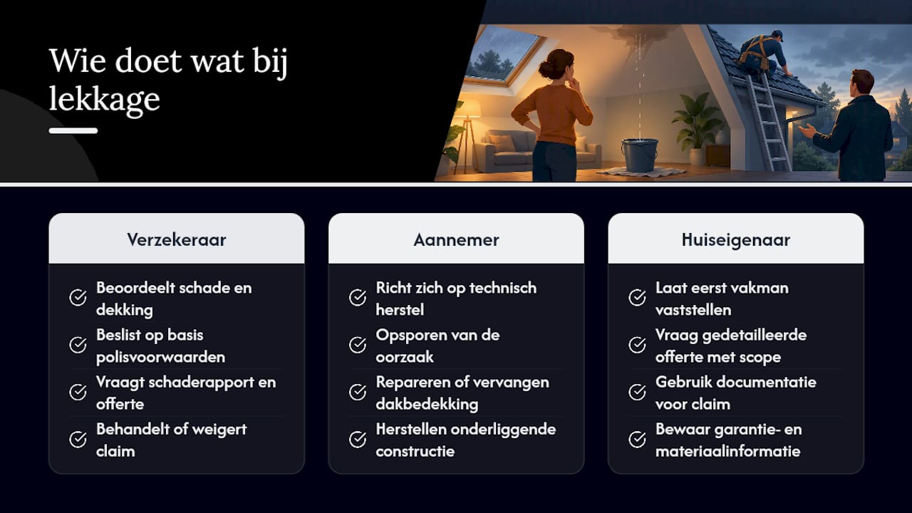 Dekking en uitsluitingen bij herstel van daklekkage: wat wordt eigenlijk vergoed door wie — overview diagram