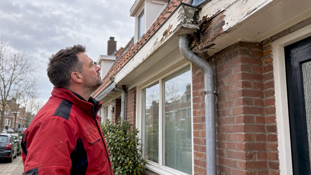 Houtrot zichtbaar aan het houten boeideel bij de regenpijp