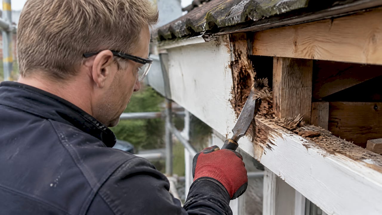 Vakman verwijdert houtrot terwijl hij een veiligheidsbril draagt
