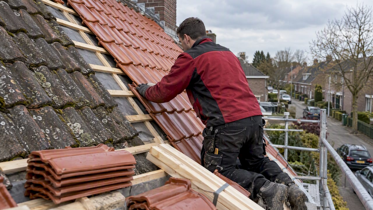 Dakdekker legt nieuwe dakpannen op een huis