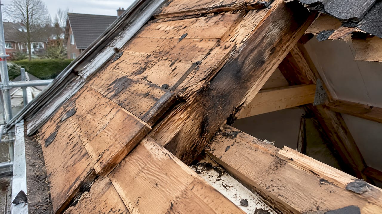 Vochtbeschadigd dakbeschot naast houten spant