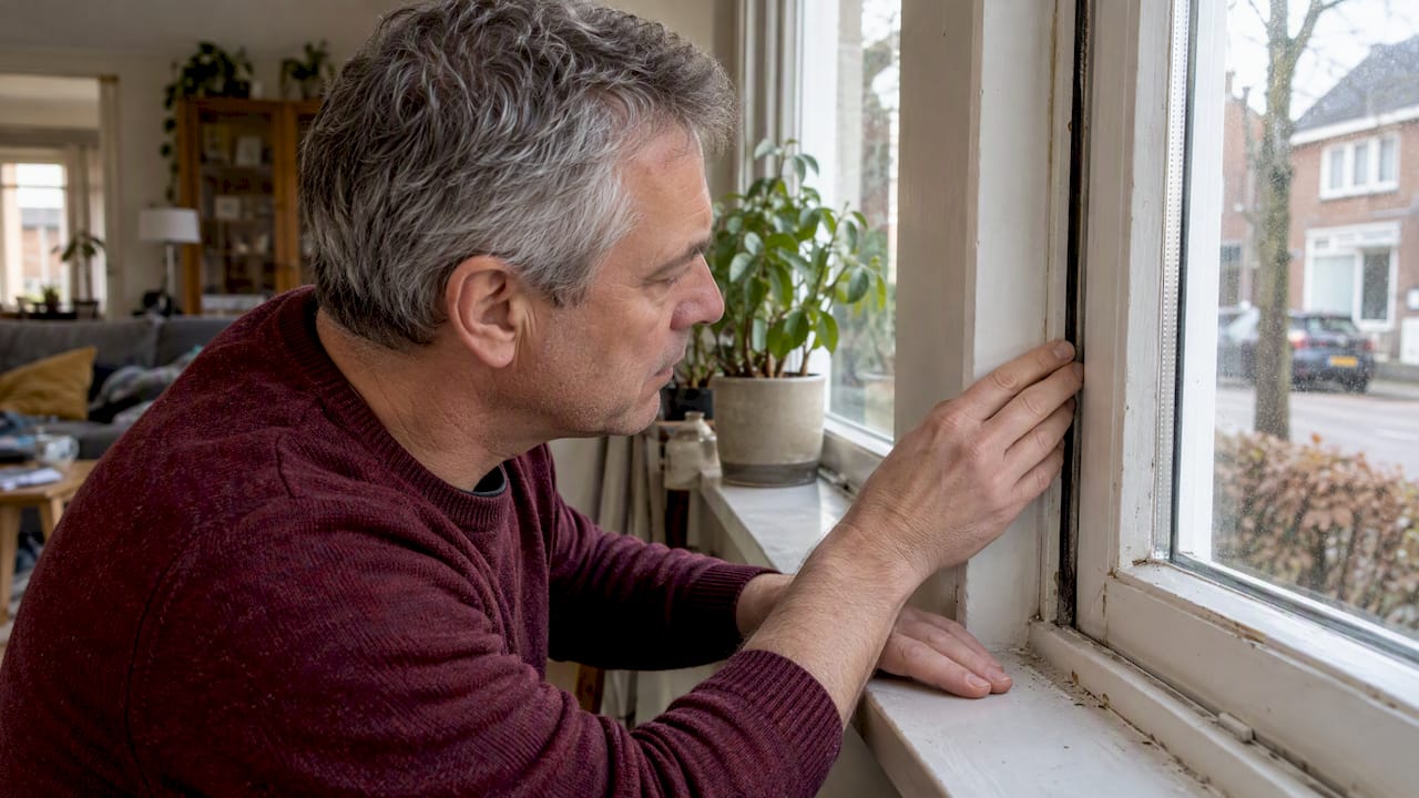 Huiseigenaar inspecteert de afdichting rond het raamkozijn