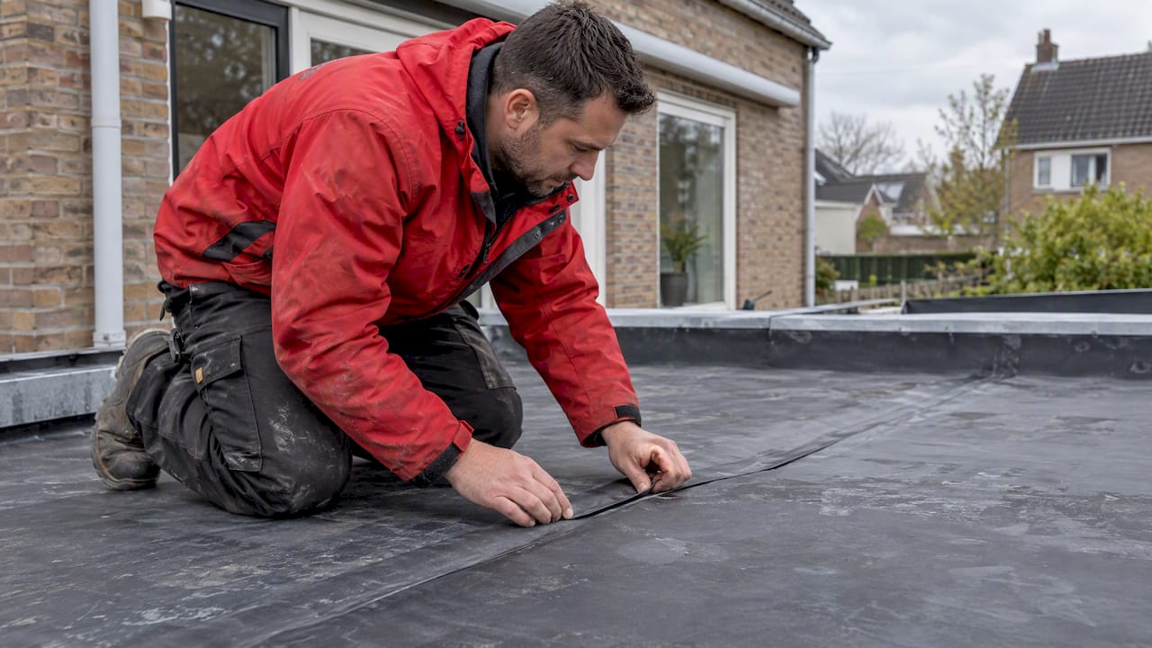 Dakdekker controleert EPDM-dakbedekking op plat dak