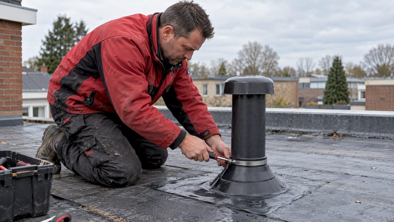 Een dakdekker plaatst een dakdoorvoer op een plat dak