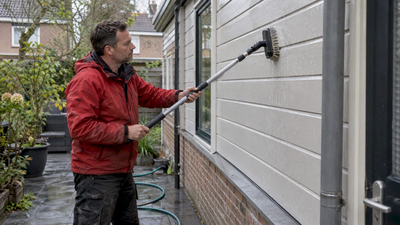 Huiseigenaar maakt Keralit schoon met een telescoopsteel