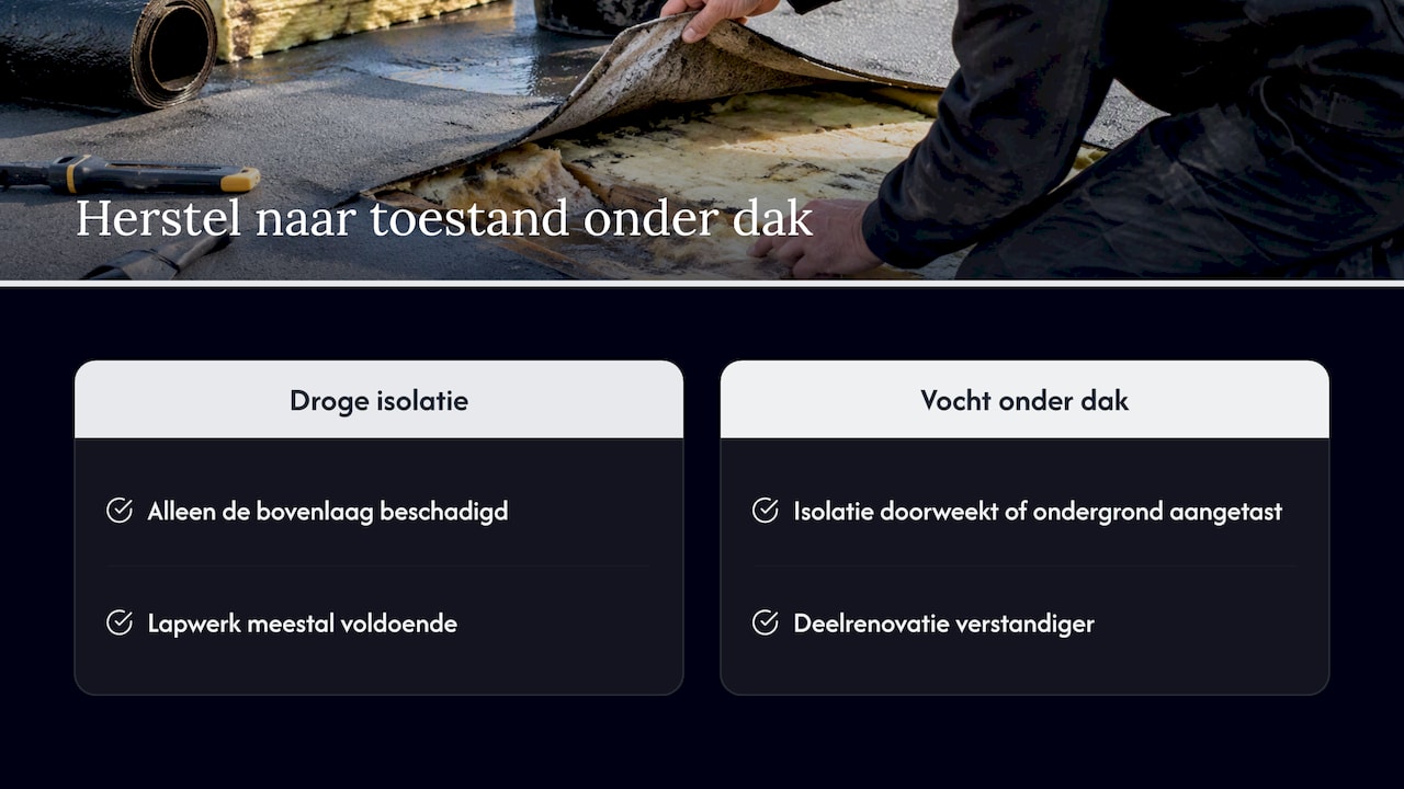 Hoe beoordeelt een vakman isolatie en draagstructuur onder het lek? — overview diagram