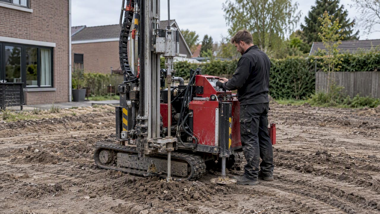 Sonderingsapparatuur onderzoekt de grond op het woonperceel