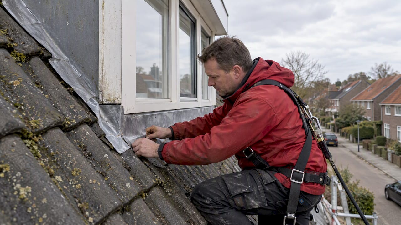 Dakdekker inspecteert loodslab bij houten dakkapel