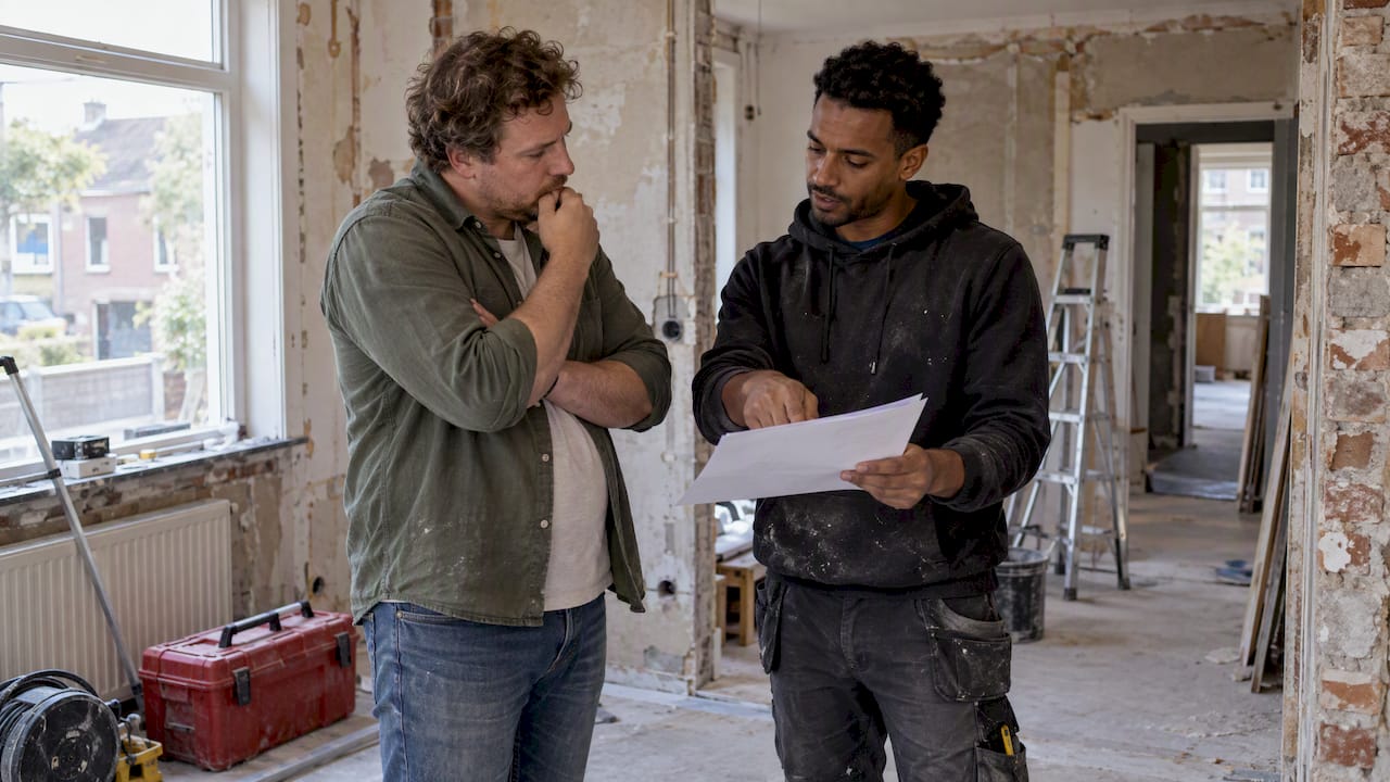 Bewoner en aannemer overleggen over renovatieofferte