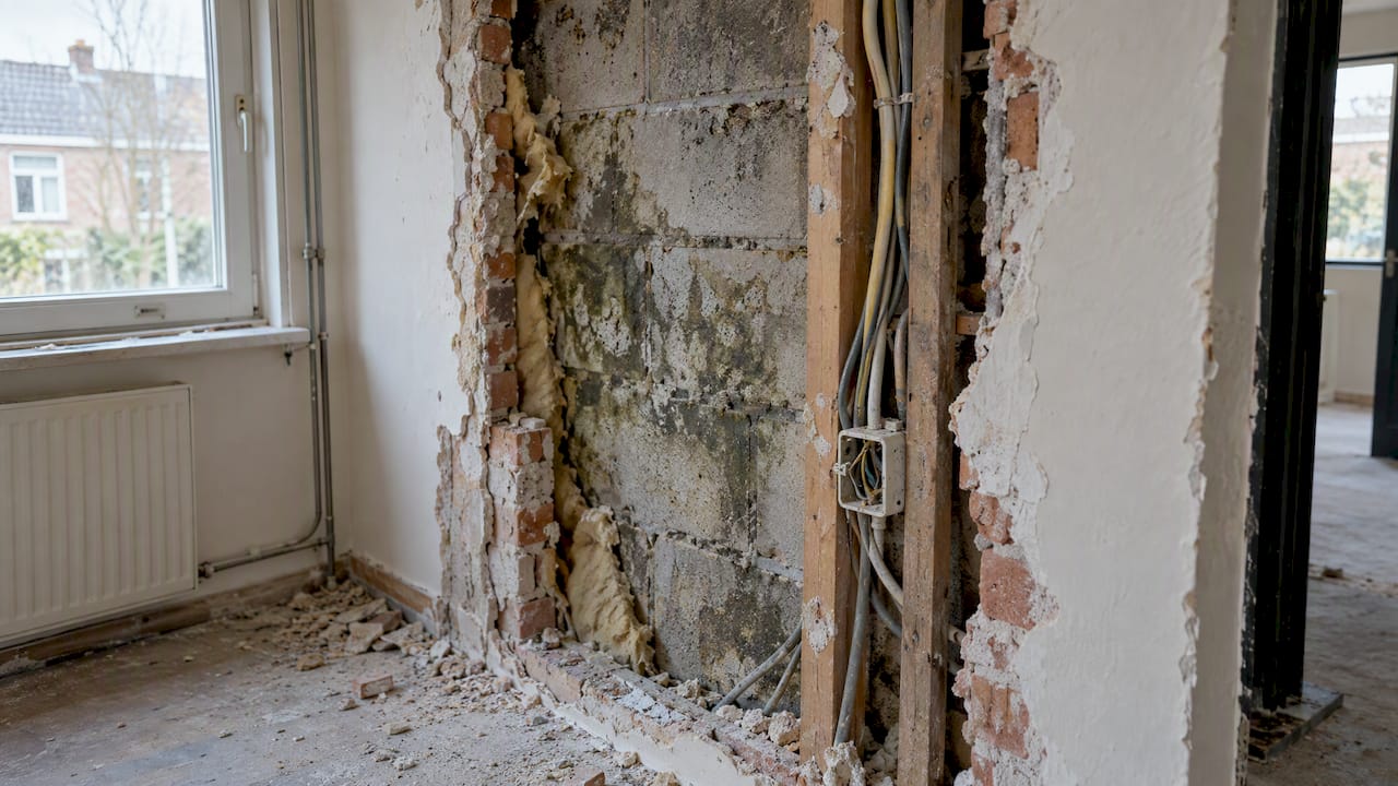 Vochtproblemen en verouderde bedrading achter een open muur